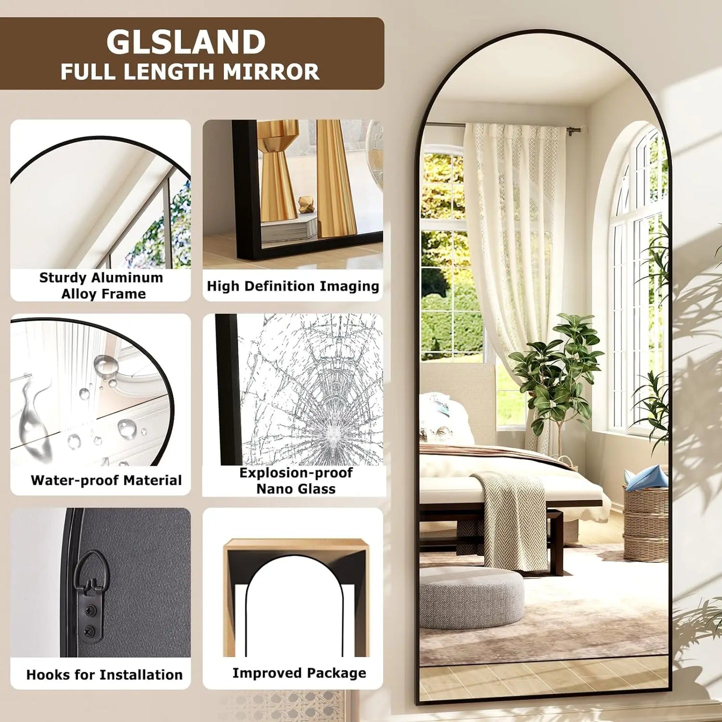 π Arched Full Length Mirror 64"x21" β Aluminum Frame, HD Body Mirror for Bedroom & Living Room