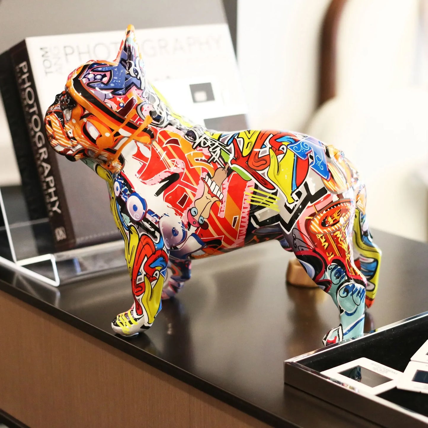 Colorful Graffiti French Bulldog Statue – Modern Resin Dog Figurine for Home or Office Decor
