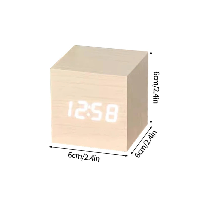 Wooden Digital Alarm Clock with LED Display, Temperature Sensor, Sound Control, Cube Shape, Modern Desk and Office Decor