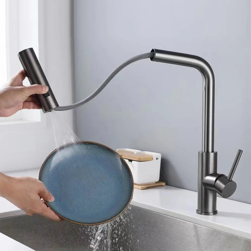 Modern Black Pull Down Kitchen Faucet with Sprayer – Brushed Nickel Finish, Single Handle Sink Mixer Tap