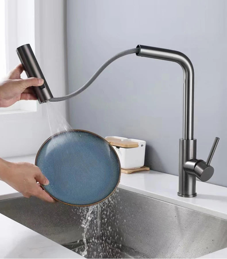 Modern Black Pull Down Kitchen Faucet with Sprayer – Brushed Nickel Finish, Single Handle Sink Mixer Tap