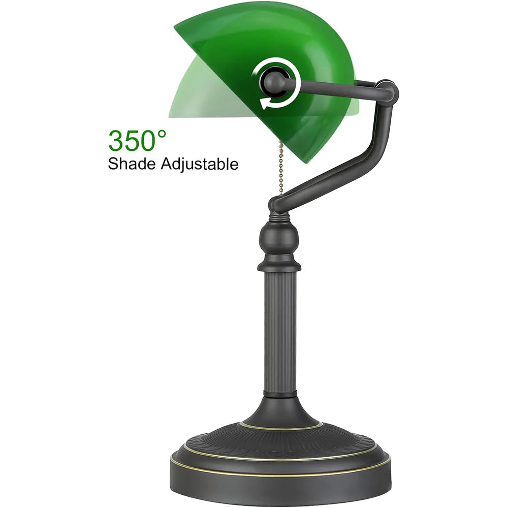Antique Green Glass Banker's Desk Lamp – Pull Chain Plug-in Table Light for Bedroom or Office