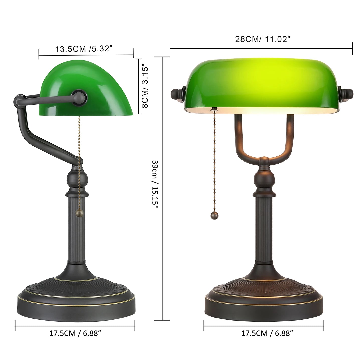 Antique Green Glass Banker's Desk Lamp – Pull Chain Plug-in Table Light for Bedroom or Office