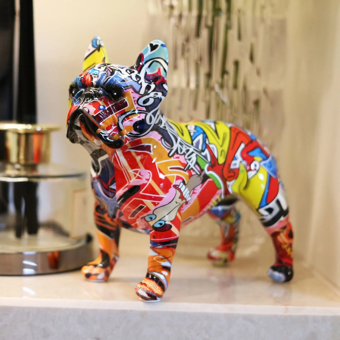 Colorful Graffiti French Bulldog Statue – Modern Resin Dog Figurine for Home or Office Decor