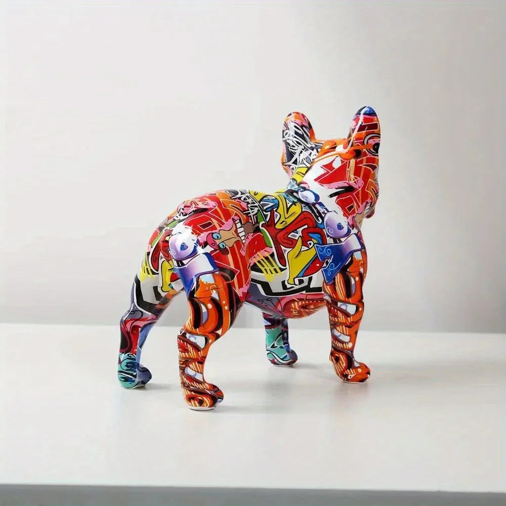 Colorful Graffiti French Bulldog Statue – Modern Resin Dog Figurine for Home or Office Decor