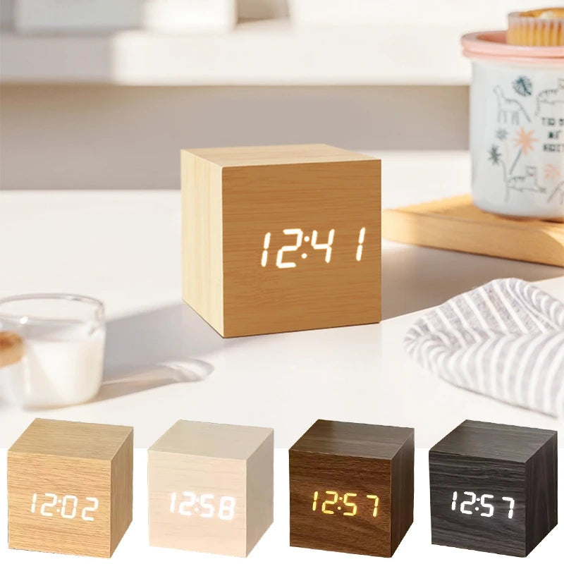 Wooden Digital Alarm Clock with LED Display, Temperature Sensor, Sound Control, Cube Shape, Modern Desk and Office Decor