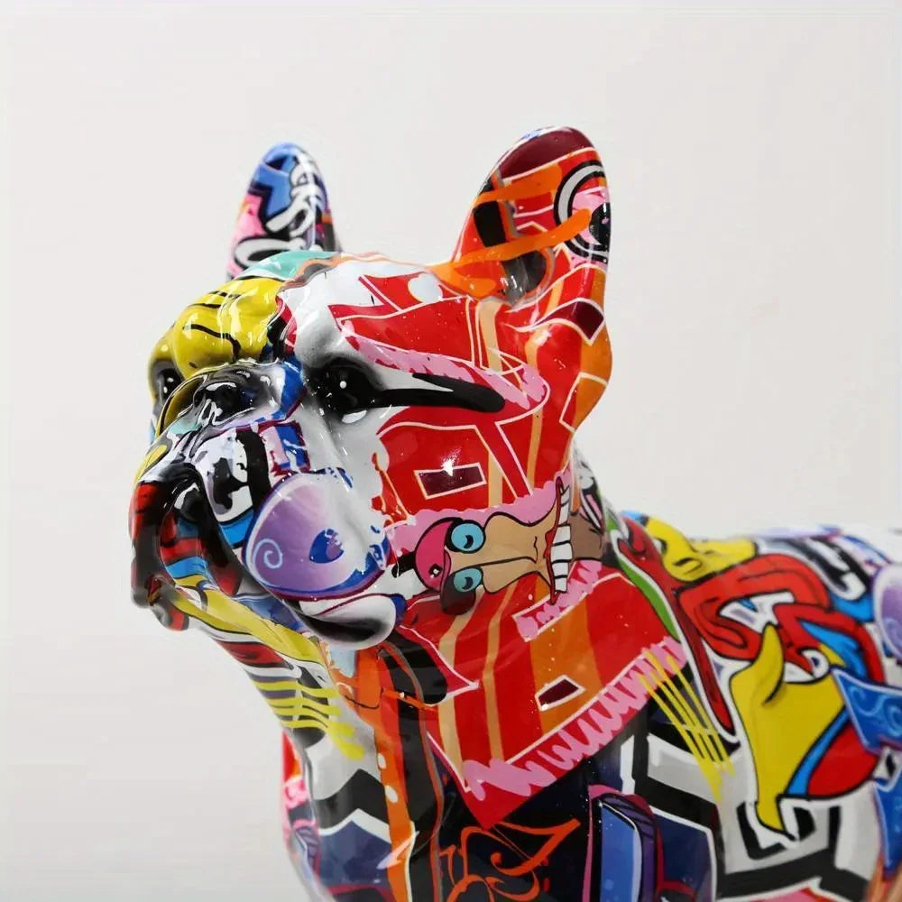 Colorful Graffiti French Bulldog Statue – Modern Resin Dog Figurine for Home or Office Decor
