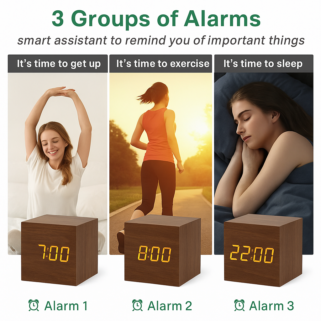 Wooden Digital Alarm Clock with LED Display, Temperature Sensor, Sound Control, Cube Shape, Modern Desk and Office Decor
