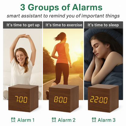Wooden Digital Alarm Clock with LED Display, Temperature Sensor, Sound Control, Cube Shape, Modern Desk and Office Decor