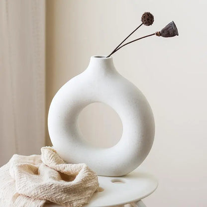 Nordic Hollow Ceramic Donut Vase – Modern Home & Office Decor