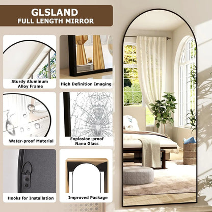 🔍 Arched Full Length Mirror 64"x21" – Aluminum Frame, HD Body Mirror for Bedroom & Living Room