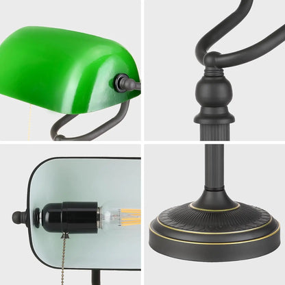 Antique Green Glass Banker's Desk Lamp – Pull Chain Plug-in Table Light for Bedroom or Office