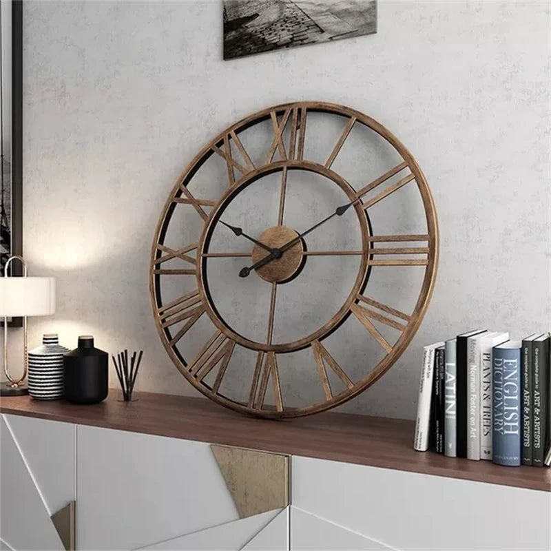 Vintage Roman Numerals Large Wall Clock – Silent 3D Metal Decor for Living Room, Modern Nordic Hanging Clock