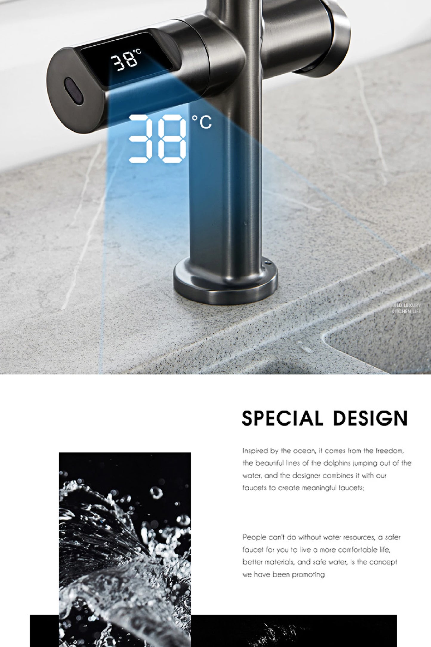 Gun Gray Brass Kitchen Faucet with Digital Display, Sensor, Pull-Out Spray, Hot & Cold Mixer