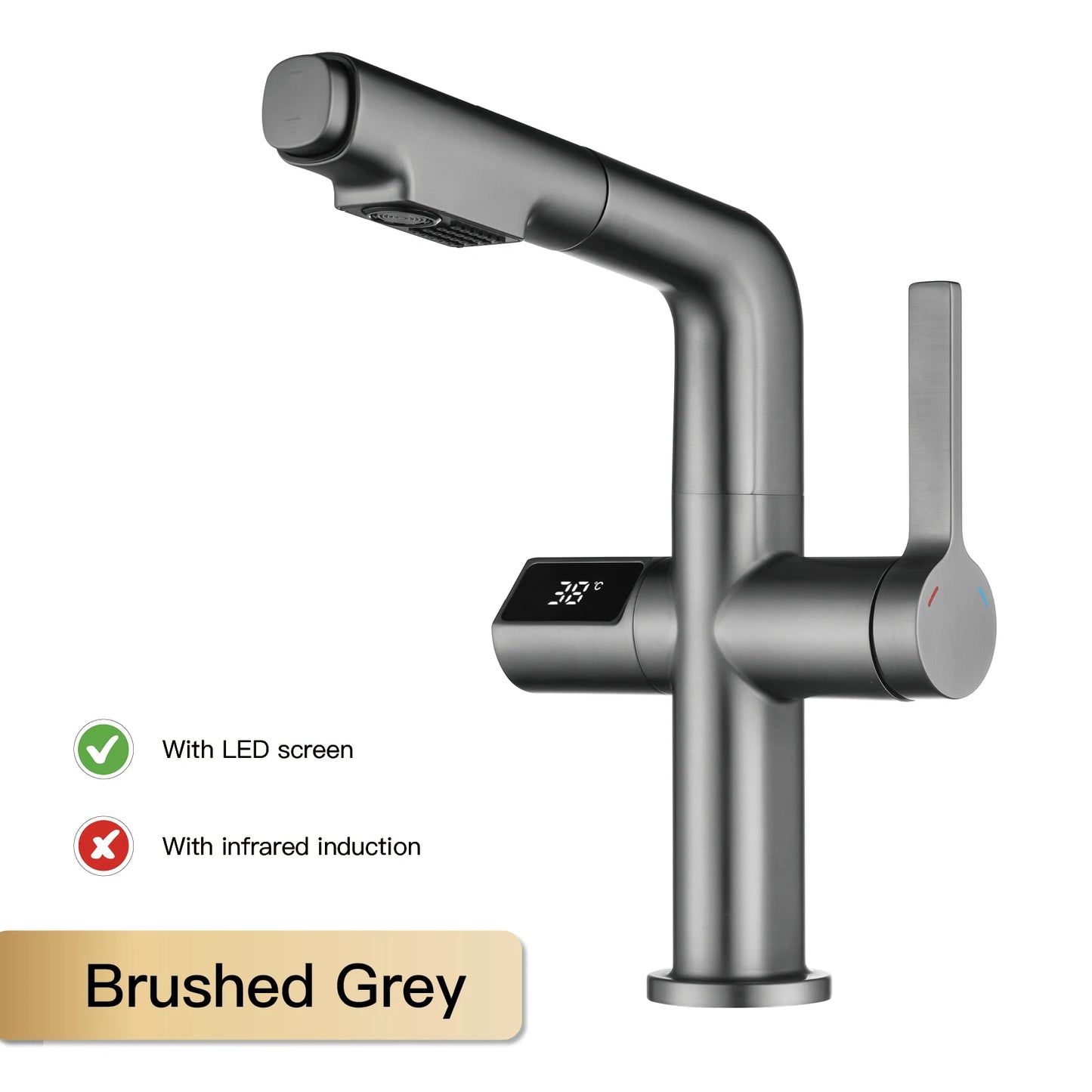 Gun Gray Brass Kitchen Faucet with Digital Display, Sensor, Pull-Out Spray, Hot & Cold Mixer