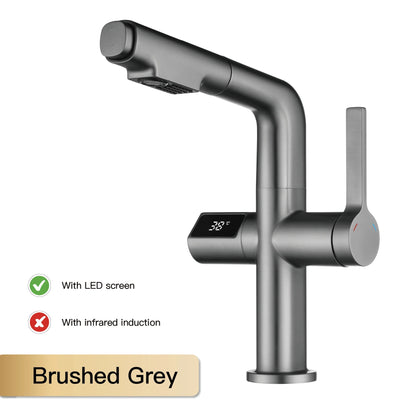 Gun Gray Brass Kitchen Faucet with Digital Display, Sensor, Pull-Out Spray, Hot & Cold Mixer