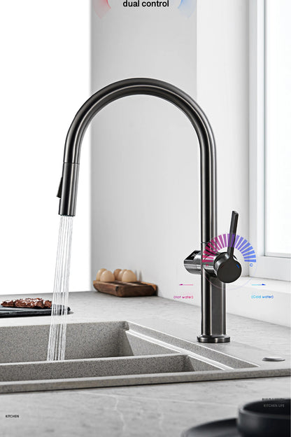 Gun Gray Brass Kitchen Faucet with Digital Display, Sensor, Pull-Out Spray, Hot & Cold Mixer