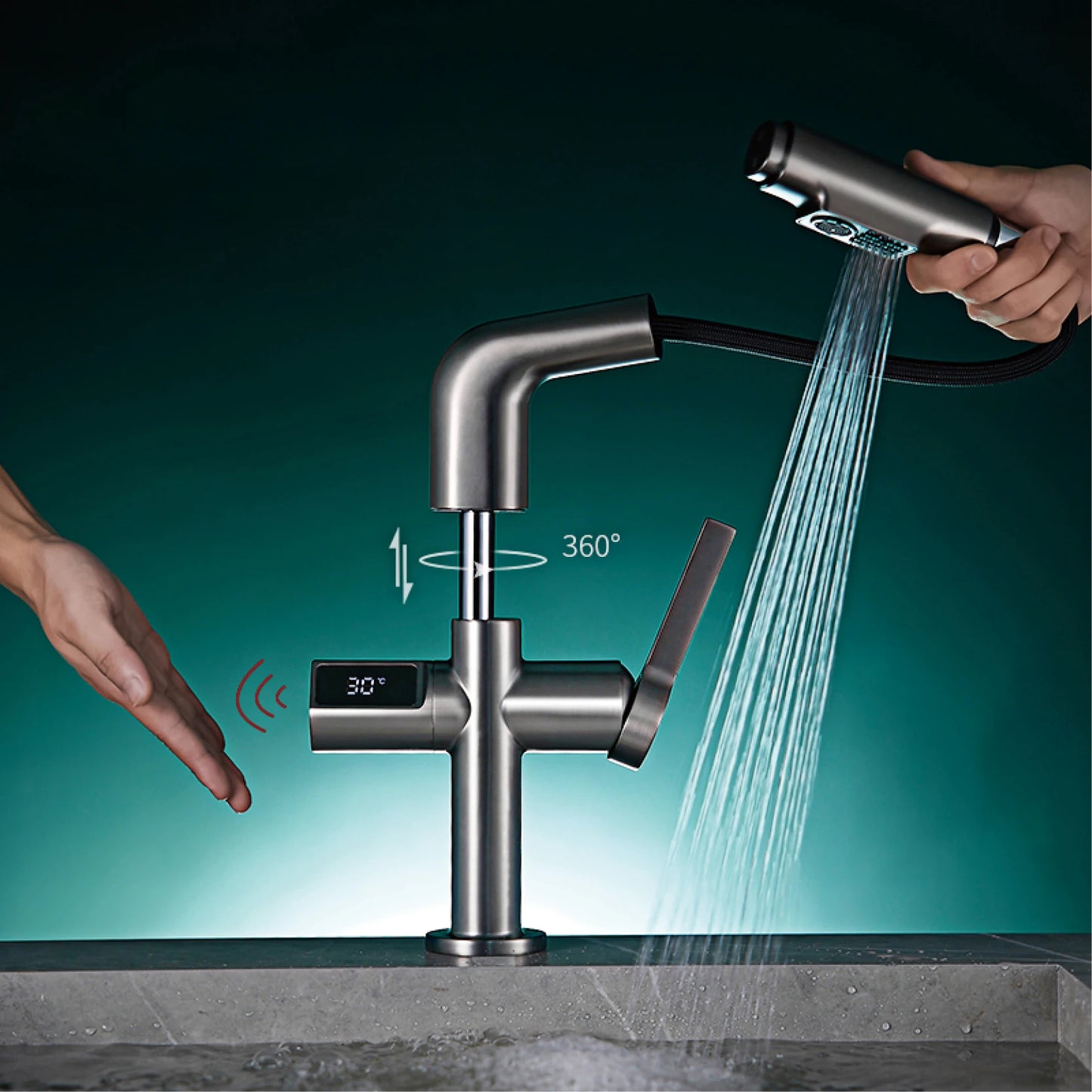Gun Gray Brass Kitchen Faucet with Digital Display, Sensor, Pull-Out Spray, Hot & Cold Mixer