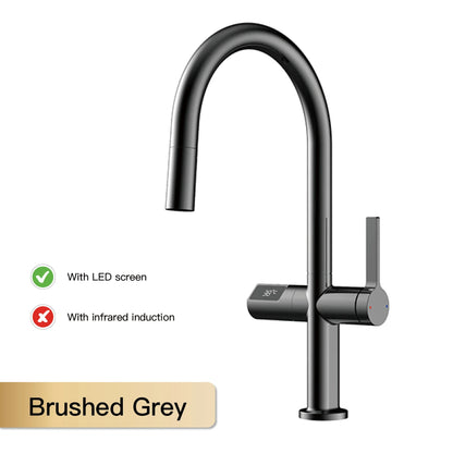 Gun Gray Brass Kitchen Faucet with Digital Display, Sensor, Pull-Out Spray, Hot & Cold Mixer