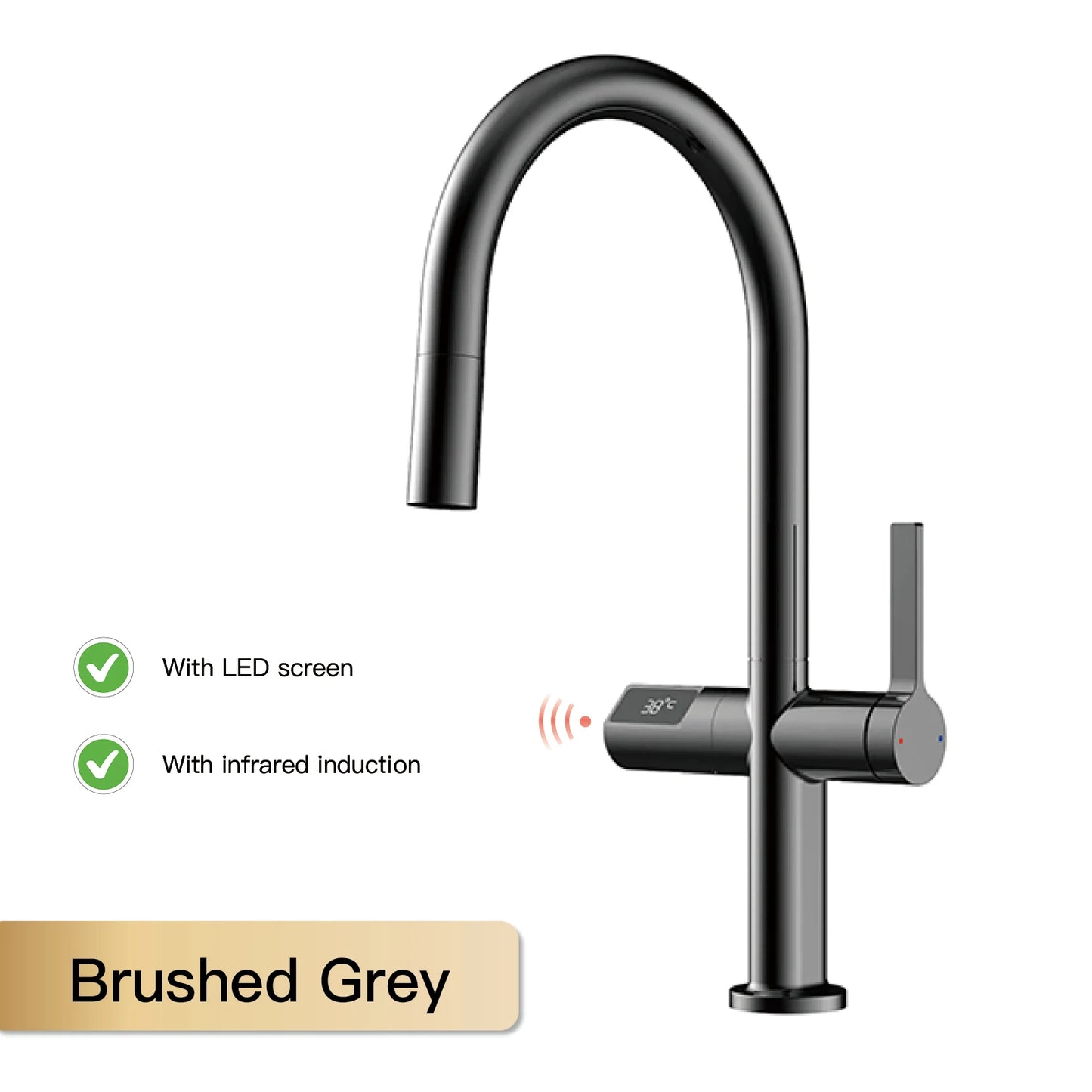 Gun Gray Brass Kitchen Faucet with Digital Display, Sensor, Pull-Out Spray, Hot & Cold Mixer