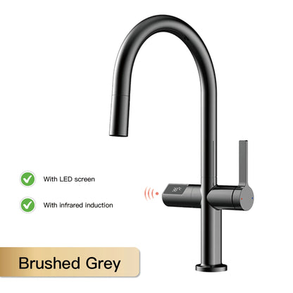 Gun Gray Brass Kitchen Faucet with Digital Display, Sensor, Pull-Out Spray, Hot & Cold Mixer
