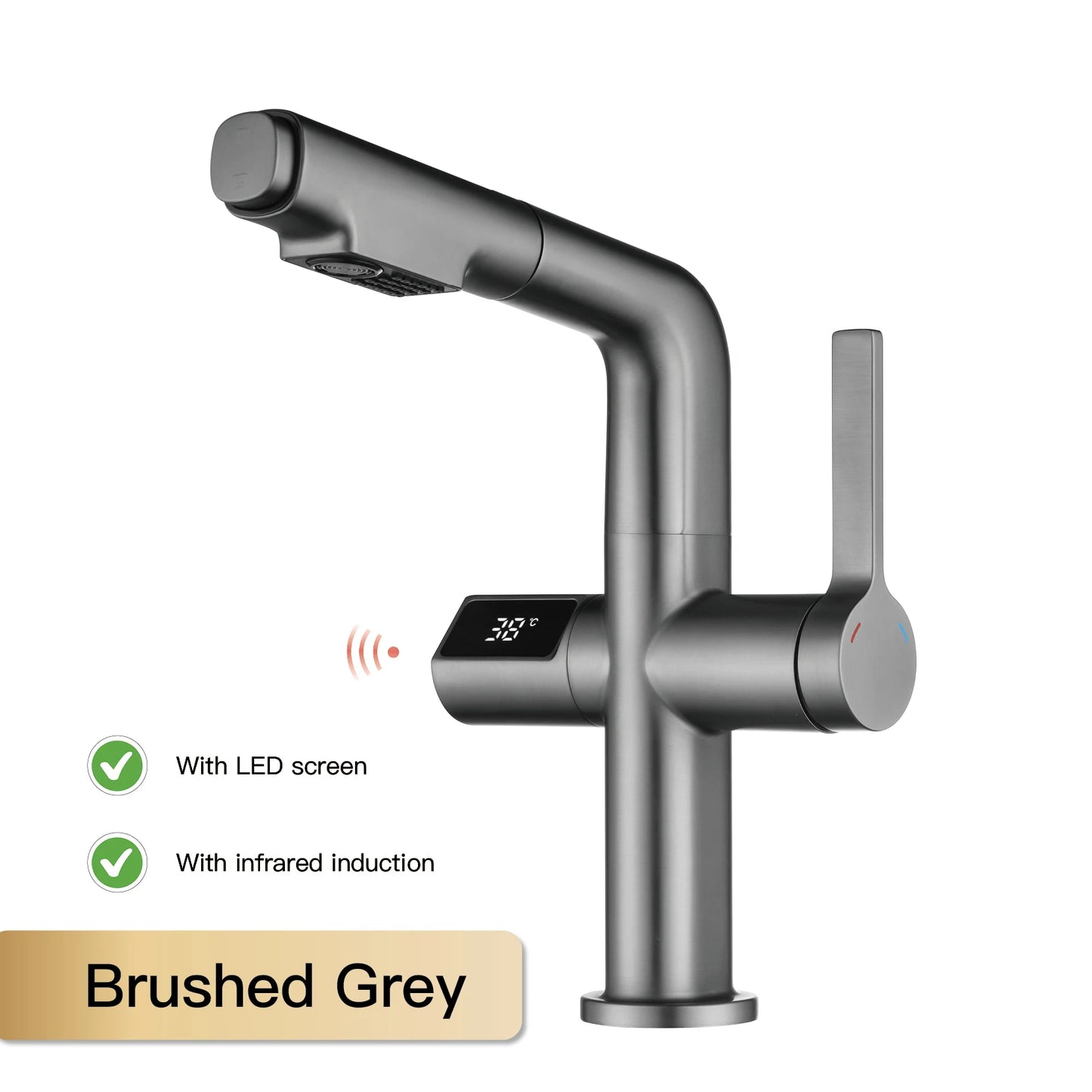 Gun Gray Brass Kitchen Faucet with Digital Display, Sensor, Pull-Out Spray, Hot & Cold Mixer