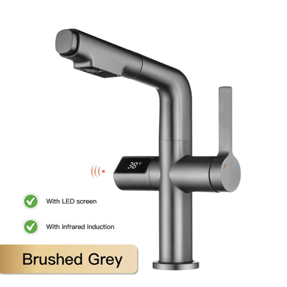Gun Gray Brass Kitchen Faucet with Digital Display, Sensor, Pull-Out Spray, Hot & Cold Mixer