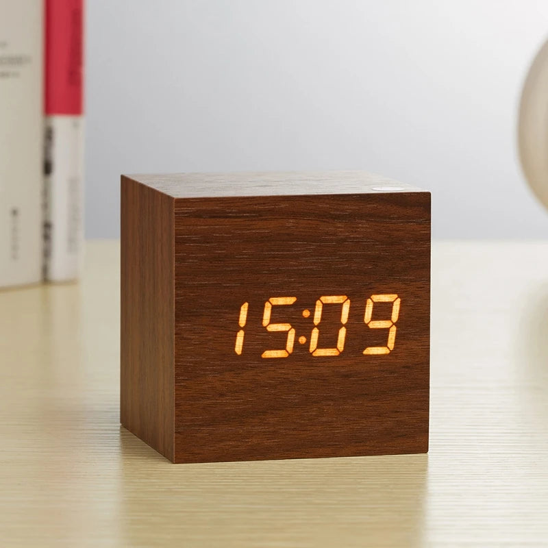 Wooden Digital Alarm Clock with LED Display, Temperature Sensor, Sound Control, Cube Shape, Modern Desk and Office Decor