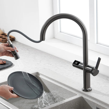 Gun Gray Brass Kitchen Faucet with Digital Display, Sensor, Pull-Out Spray, Hot & Cold Mixer