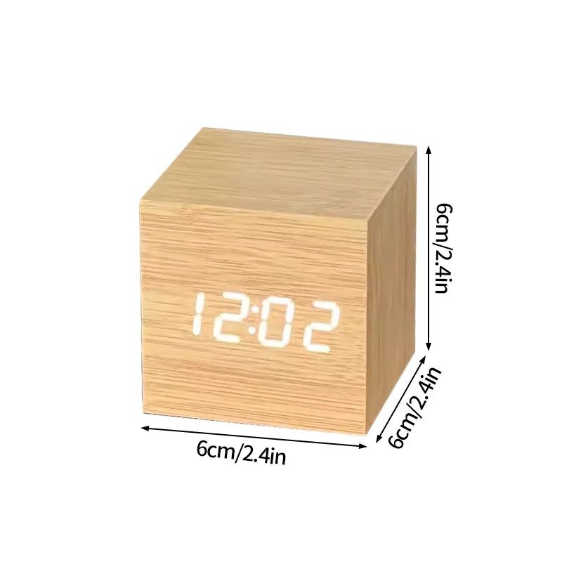 Wooden Digital Alarm Clock with LED Display, Temperature Sensor, Sound Control, Cube Shape, Modern Desk and Office Decor