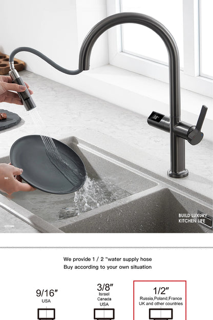 Gun Gray Brass Kitchen Faucet with Digital Display, Sensor, Pull-Out Spray, Hot & Cold Mixer