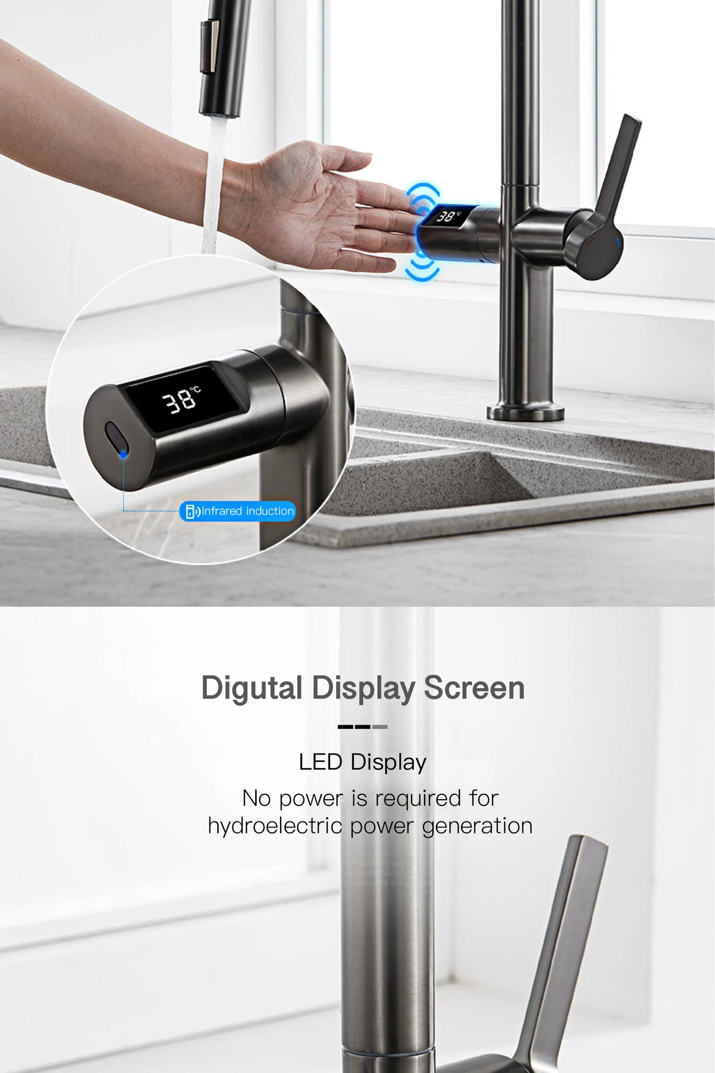 Gun Gray Brass Kitchen Faucet with Digital Display, Sensor, Pull-Out Spray, Hot & Cold Mixer
