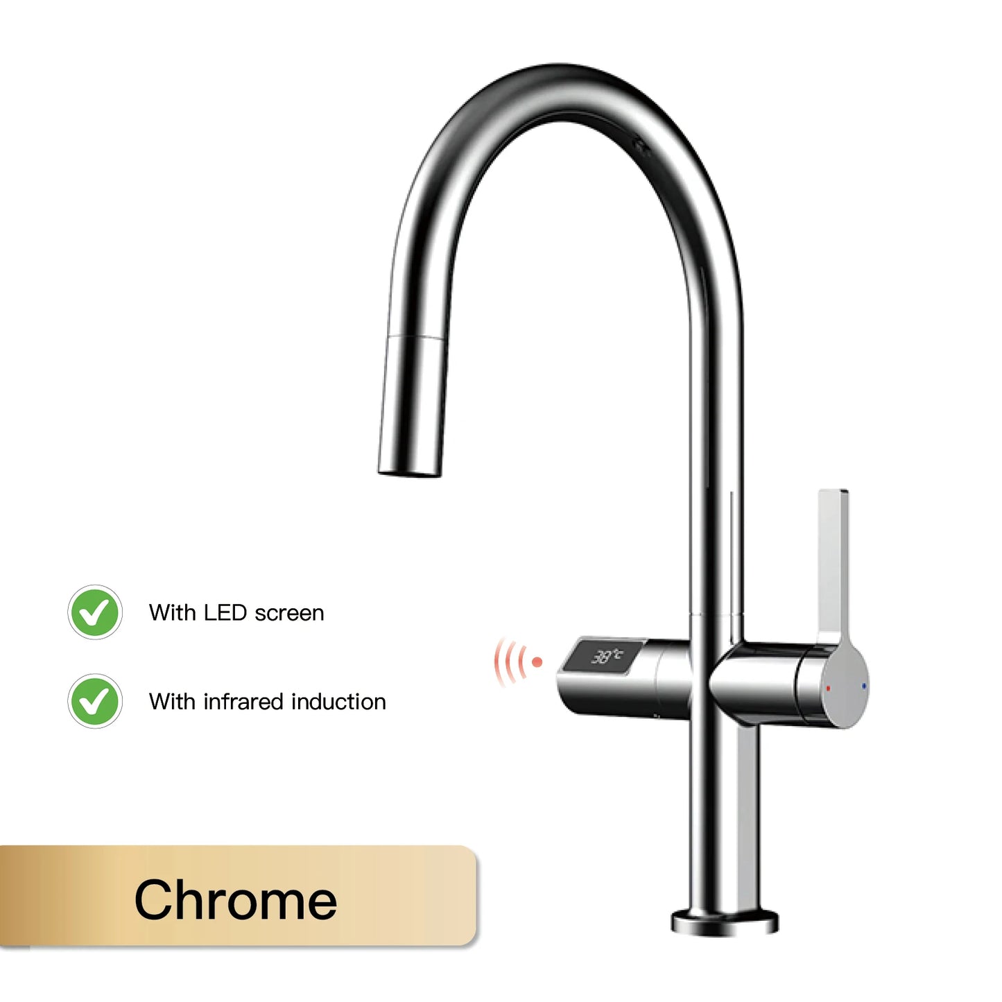 Gun Gray Brass Kitchen Faucet with Digital Display, Sensor, Pull-Out Spray, Hot & Cold Mixer