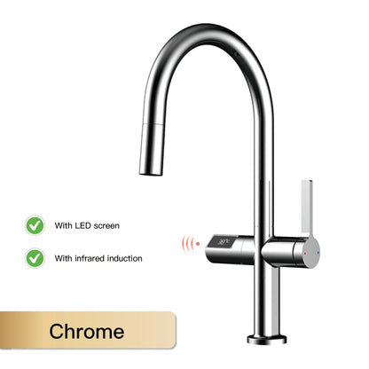 Gun Gray Brass Kitchen Faucet with Digital Display, Sensor, Pull-Out Spray, Hot & Cold Mixer