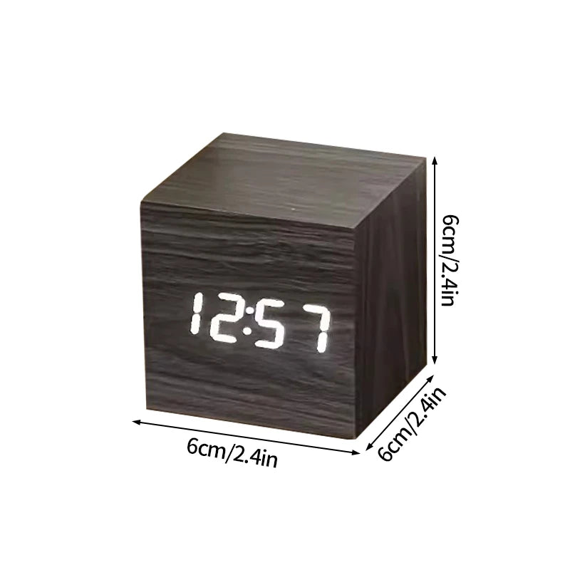 Wooden Digital Alarm Clock with LED Display, Temperature Sensor, Sound Control, Cube Shape, Modern Desk and Office Decor