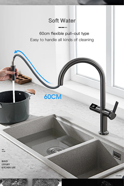Gun Gray Brass Kitchen Faucet with Digital Display, Sensor, Pull-Out Spray, Hot & Cold Mixer