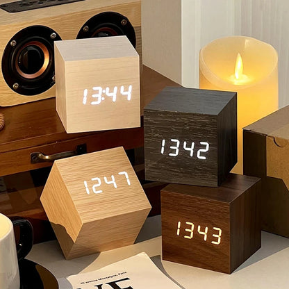 Wooden Digital Alarm Clock with LED Display, Temperature Sensor, Sound Control, Cube Shape, Modern Desk and Office Decor