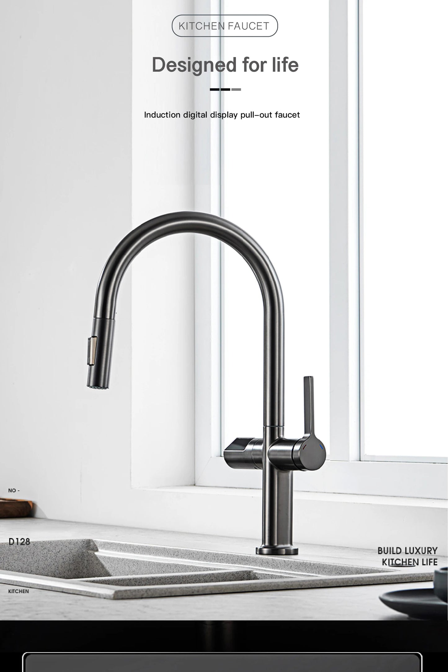 Gun Gray Brass Kitchen Faucet with Digital Display, Sensor, Pull-Out Spray, Hot & Cold Mixer