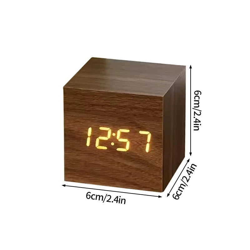 Wooden Digital Alarm Clock with LED Display, Temperature Sensor, Sound Control, Cube Shape, Modern Desk and Office Decor
