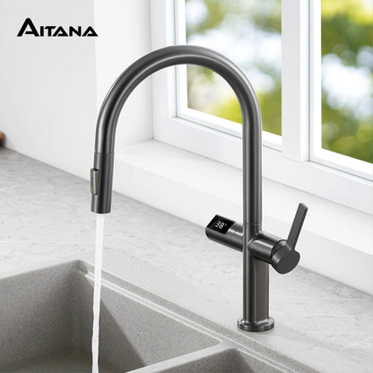 Gun Gray Brass Kitchen Faucet with Digital Display, Sensor, Pull-Out Spray, Hot & Cold Mixer