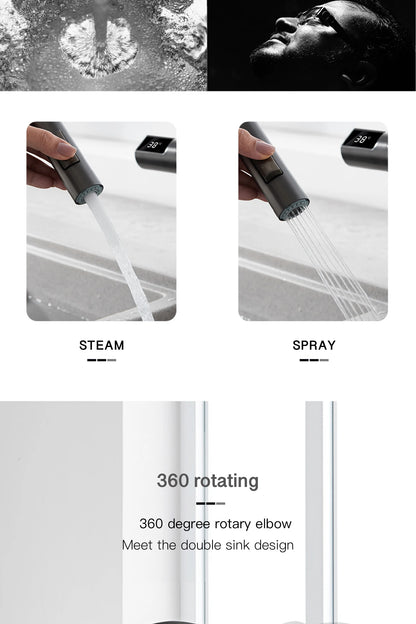 Gun Gray Brass Kitchen Faucet with Digital Display, Sensor, Pull-Out Spray, Hot & Cold Mixer