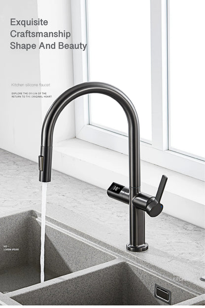 Gun Gray Brass Kitchen Faucet with Digital Display, Sensor, Pull-Out Spray, Hot & Cold Mixer