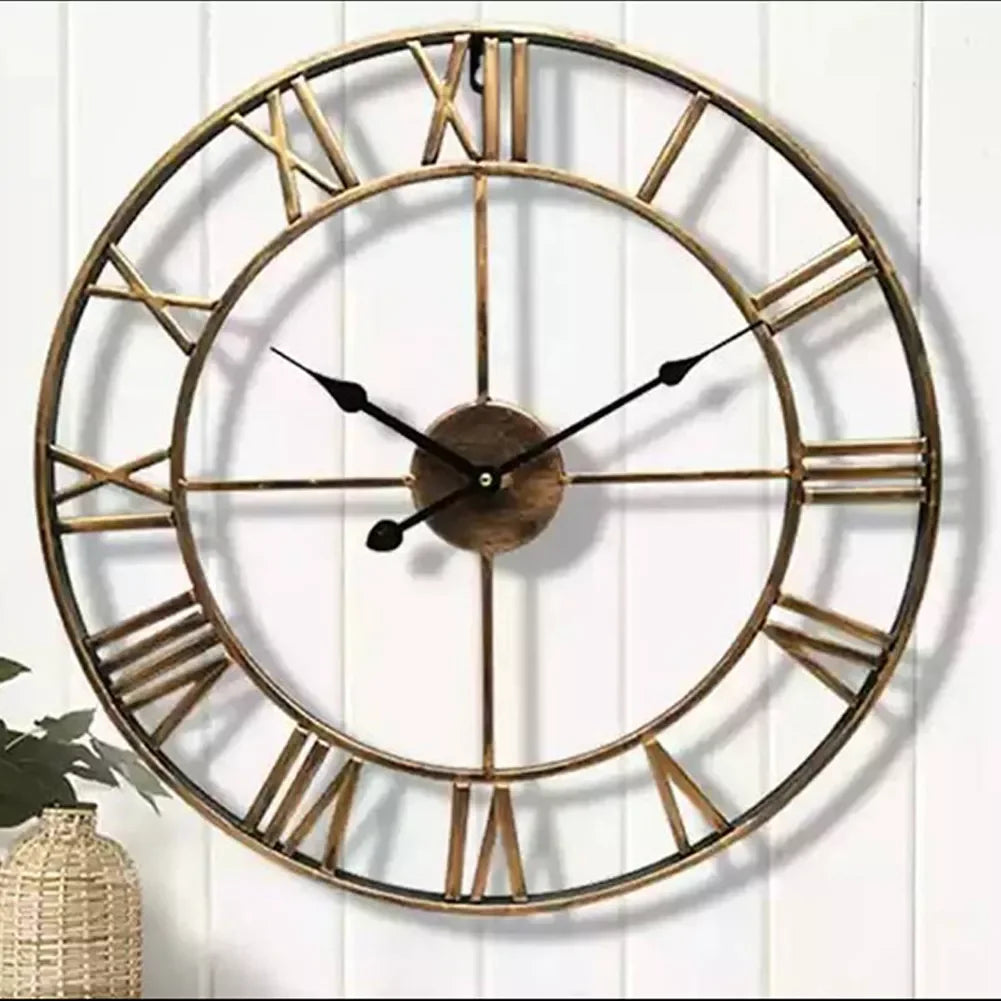 Vintage Roman Numerals Large Wall Clock – Silent 3D Metal Decor for Living Room, Modern Nordic Hanging Clock