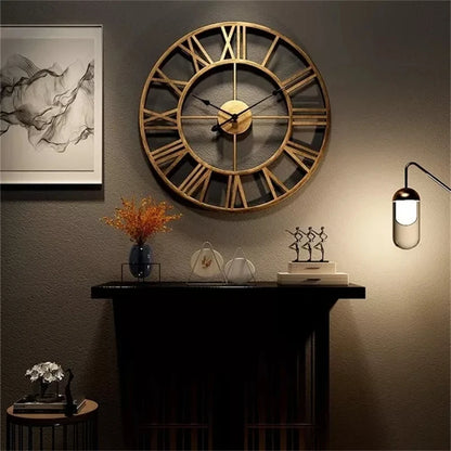 Vintage Roman Numerals Large Wall Clock – Silent 3D Metal Decor for Living Room, Modern Nordic Hanging Clock