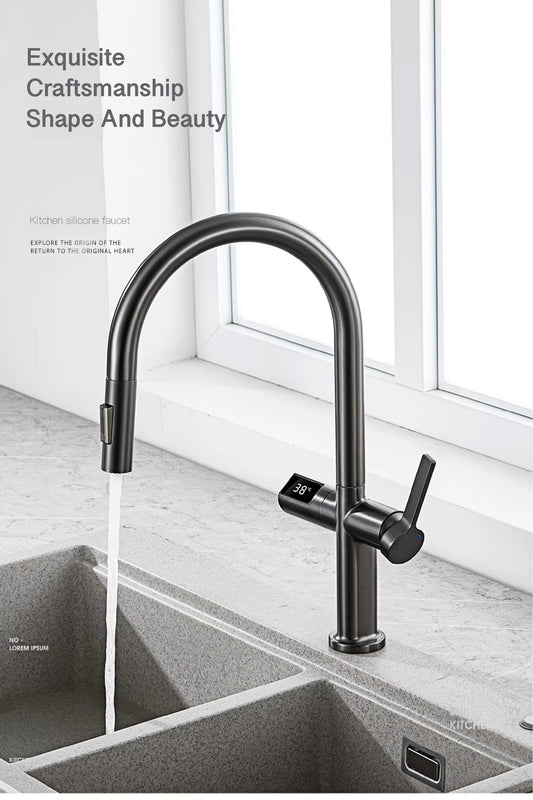 Gun Gray Brass Kitchen Faucet with Digital Display, Sensor, Pull-Out Spray, Hot & Cold Mixer