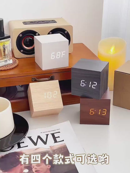 Wooden Digital Alarm Clock with LED Display, Temperature Sensor, Sound Control, Cube Shape, Modern Desk and Office Decor
