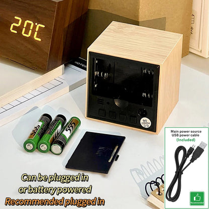 Wooden Digital Alarm Clock with LED Display, Temperature Sensor, Sound Control, Cube Shape, Modern Desk and Office Decor